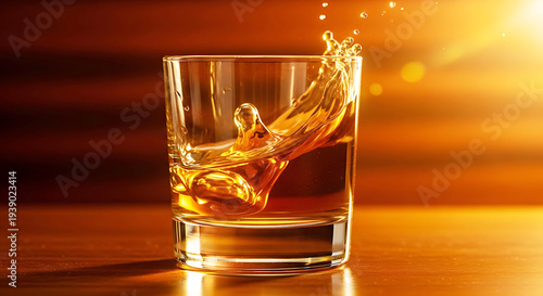 Golden Hour Whiskey Splash: Close-Up of Amber Bourbon Swirling in an Elegant Glass