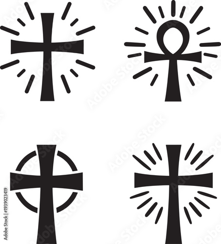 Black Cross Ankh Symbols Radiating Lines Easter Holiday Vector Illustration