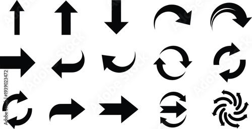 Collection of various black arrows on white background