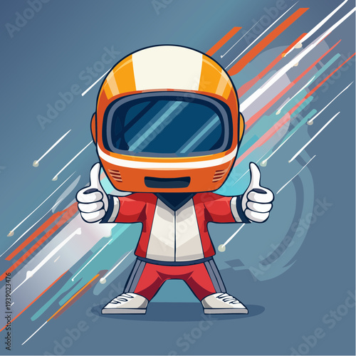 Dynamic racing character illustration with helmet and speed lines, promoting excitement and victory