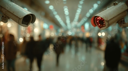 Security cameras monitoring a blurred crowd in a shopping mall