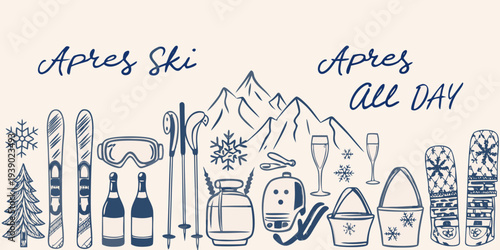 Apres ski themed illustration with winter sports equipment and festive elements
