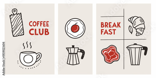 A colorful illustration showcasing breakfast and coffee elements