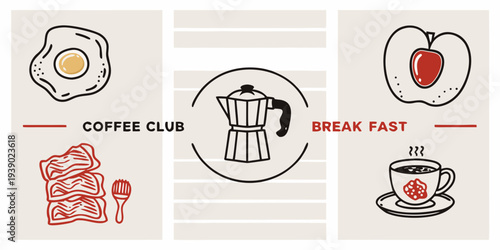 A collection of breakfast items and a coffee maker illustration