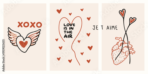 A triptych of romantic illustrations with hearts and loving phrases