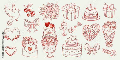 Hand drawn collection of romantic and celebratory elements in red brown