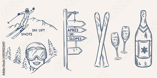 A collection of sketched icons representing a ski resort experience