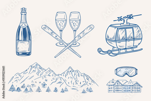 Winter holiday themed sketches champagne skis mountains and ski resort elements