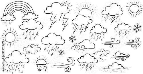 Hand-drawn Black  White Line Art Weather Icons Set. Sketchy Collection of Sun, Clouds, Rain, Lightning, Rainbow, Snow, and Wind Elements for Nature Forecasts.