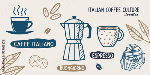 Italian coffee culture illustration featuring doodles of coffee and pastries