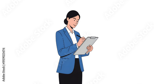 Businesswoman taking notes on a clipboard with a pen, professional female employee in blue jacket, clear background
