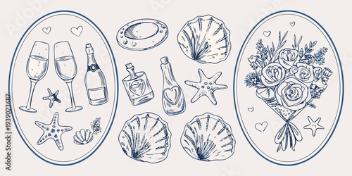 A romantic seaside arrangement with champagne flowers and coastal elements