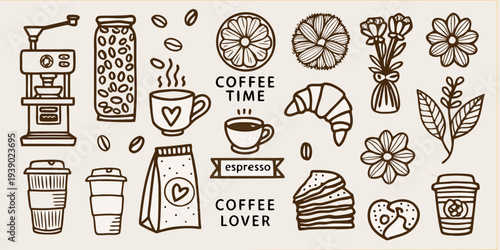 A charming doodle illustration featuring coffee elements and sweet treats