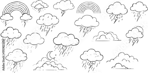 Black and White Line Art Weather Icons: Rainbows, Clouds, Lightning, Rain, Moon