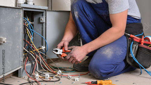 ​A worker installs components in the electrical unit. He handles various tools for precise adjustment,He carefully arranges the cables and fuses. This service ensures a safe electrical network