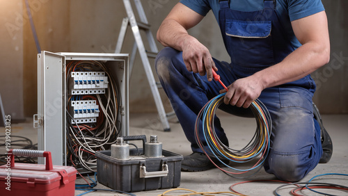 ​A worker installs components in the electrical unit. He handles various tools for precise adjustment,He carefully arranges the cables and fuses. This service ensures a safe electrical network