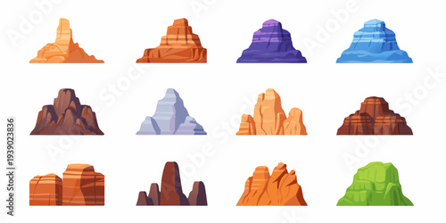 Cartoon illustration of various colorful rock formations and desert mountains