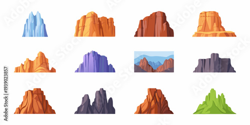 Cartoon illustration of various colorful mountain formations and landscape