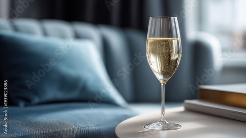 Wallpaper Mural A crisp glass of sparkling wine sits elegantly on a stylish table beside a plush sofa. Soft evening light filters into the serene living room, creating a relaxed atmosphere Torontodigital.ca