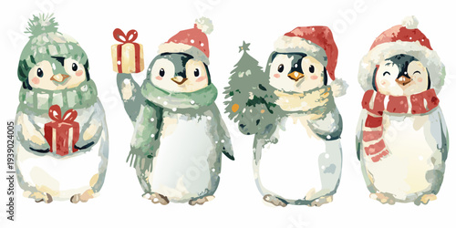 Watercolor illustration of four adorable penguins celebrating the winter holidays