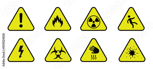 Yellow Triangle Hazard Warning Safety Signs Icons Set Vector