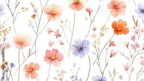 Beautiful seamless floral water color pattern Set, watercolor wild flowers, leaves and grass,Collection botanic garden elements, isolated illustration in rustic or vintage style,copy space.