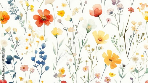 Beautiful seamless floral water color pattern Set, watercolor wild flowers, leaves and grass,Collection botanic garden elements, isolated illustration in rustic or vintage style,copy space.