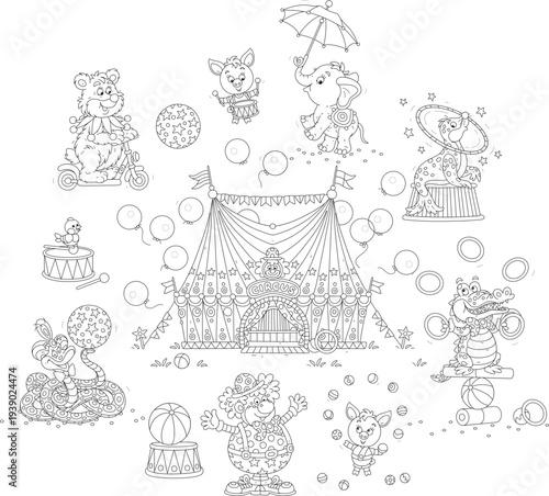 Circus tent with flying holiday balloons surrounded by a clown and funny animals performers, a bear on a scooter, a snake, piglets, a little elephant, a seal and a crocodile, vector cartoons