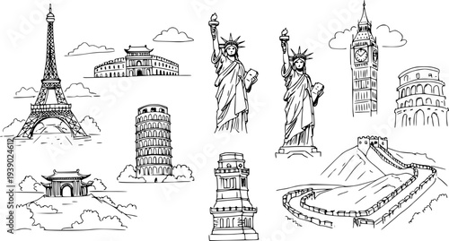 Black  White Line Art Travel Landmarks Sketch Set. Hand Drawn Icons of Famous Global Monuments for Tourism, Culture, and World Exploration.
