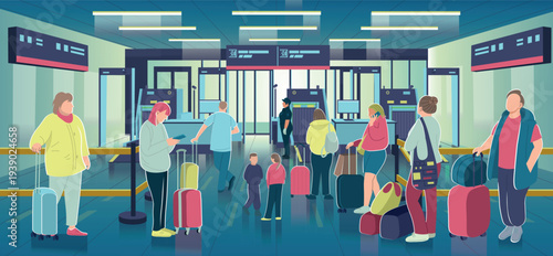 Passengers with luggage waiting in line at airport security checkpoint. Travelers pass through baggage scanners and metal detectors before boarding their flight. Modern airport terminal interior illus