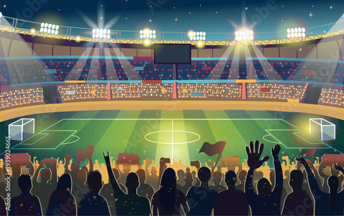 Night football stadium with bright floodlights and cheering fans in the stands. Silhouettes of supporters waving flags and raising hands while watching the match on the illuminated soccer field. Conce