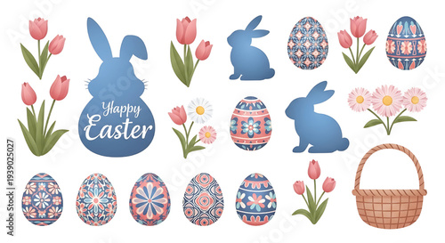 Easter celebration elements with decorated eggs, blue bunnies, pink tulips, daisies, and a wicker basket against a white background.