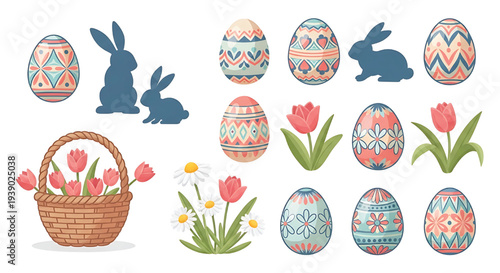 Easter eggs and decorative elements including a basket of tulips and silhouetted bunnies for spring celebration