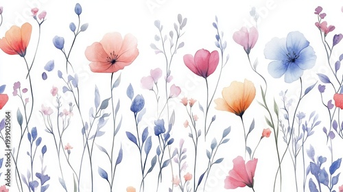 Beautiful seamless floral water color pattern Set, watercolor wild flowers, leaves and grass,Collection botanic garden elements, isolated illustration in rustic or vintage style,copy space.