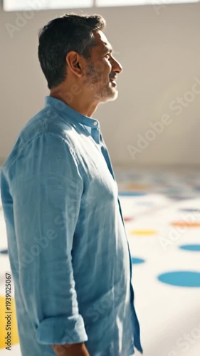 Man walking on colorful polka dot floor