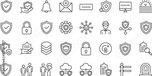 Professional Security and Insurance Line Icon Set with Shield Protection Symbols, Digital Privacy Locks, Safety Umbrella Icons, Secure Cloud Data, and Legal Defense Elements – Modern Vector Graphics f