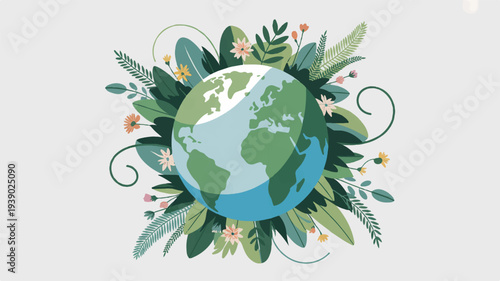 Earth surrounded by lush greenery and flowers symbolizing eco friendliness and environmental conservation on a light gray background