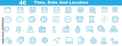 Time and location icons, hourglass, calendar, clock, pin, flag, stopwatch, globe pointer, minimal line style for maps, schedule planner, interface ui pack, vector illustration