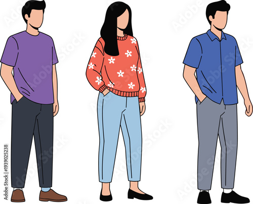Diverse young adults standing in casual colorful outfits, modern flat vector illustration of men and women in relaxed everyday fashion style