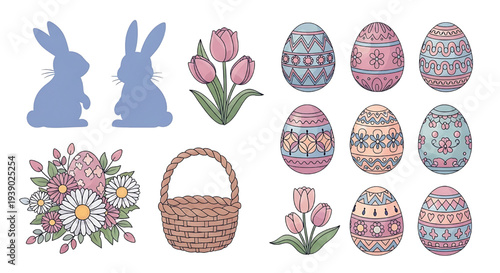 Easter bunny silhouettes, decorated eggs, floral arrangements, and a basket create a festive holiday design with pastel colors.
