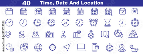 Time and location icons, hourglass, calendar, clock, pin, flag, stopwatch, globe pointer, minimal line style for maps, schedule planner, interface ui pack, vector illustration