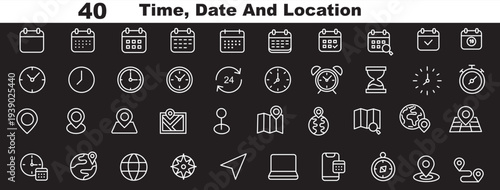 Time and location icons, hourglass, calendar, clock, pin, flag, stopwatch, globe pointer, minimal line style for maps, schedule planner, interface ui pack, vector illustration