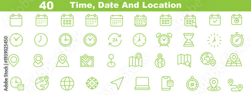 Time and location icons, hourglass, calendar, clock, pin, flag, stopwatch, globe pointer, minimal line style for maps, schedule planner, interface ui pack, vector illustration