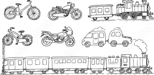 Transportation Vehicles Hand-drawn Line Art Set. Black  White Sketch Collection: Bikes, Motorcycles, Trains  Cars. Travel  Transport Doodle Design Elements.