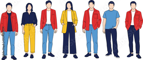 Diverse young people group in colorful casual jackets blazers shirts standing together flat vector illustration men women trendy fashion isolated on white