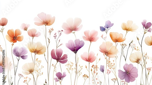 Beautiful seamless floral water color pattern Set, watercolor wild flowers, leaves and grass,Collection botanic garden elements, isolated illustration in rustic or vintage style,copy space.