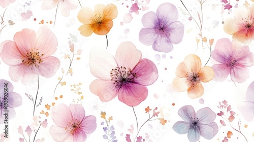 Beautiful seamless floral water color pattern Set, watercolor wild flowers, leaves and grass,Collection botanic garden elements, isolated illustration in rustic or vintage style,copy space.