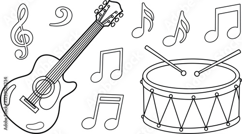 Music instruments colouring page for kids with guitar and drums