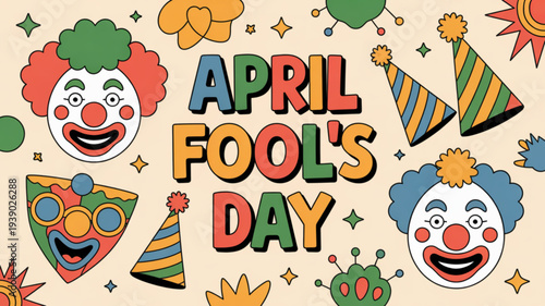 Colorful april fool's day illustration with clowns and party elements on beige background