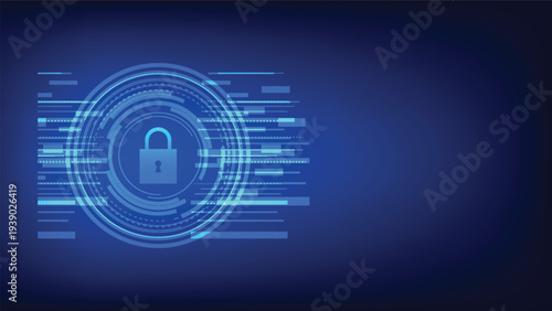 digital padlock with hi tech circle on blue background. cyber security and privacy protection